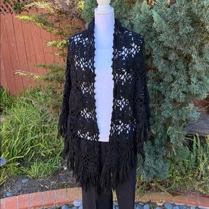 Crocheted Black Fringe Shawl Wrap
